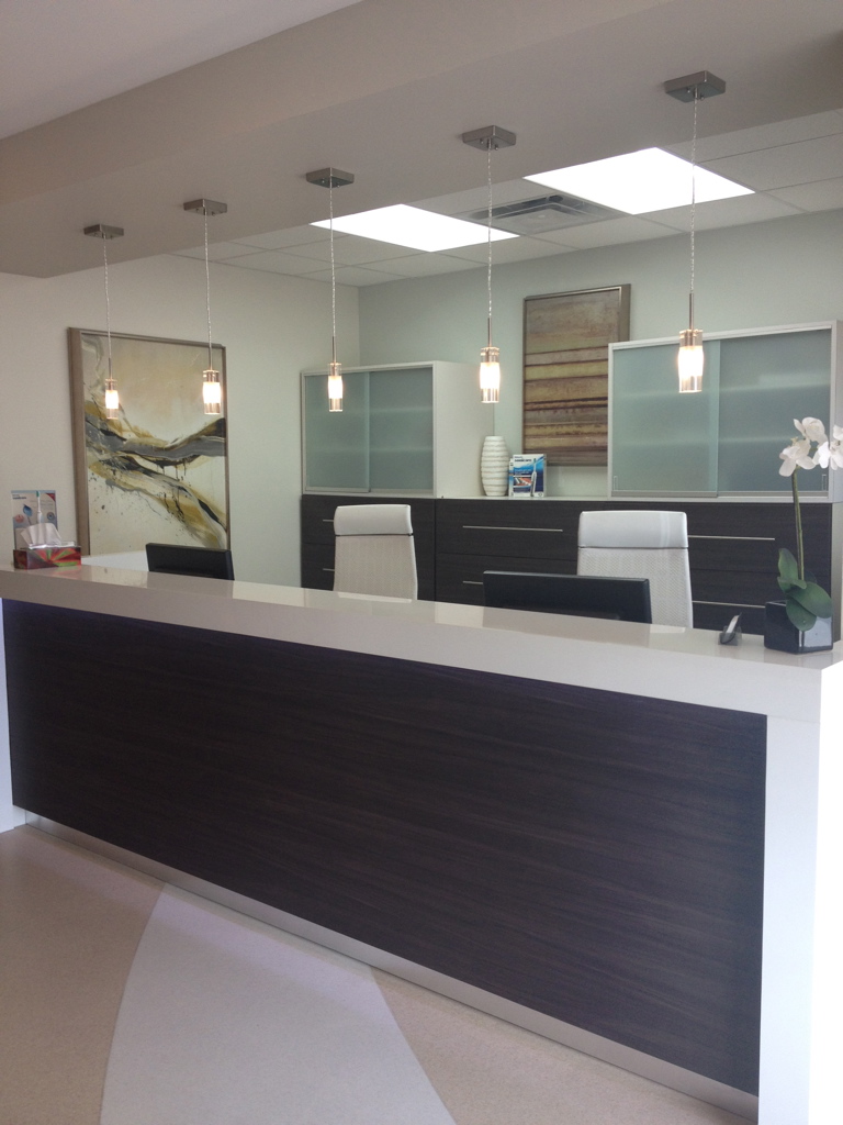 Reception area with pendent lighting